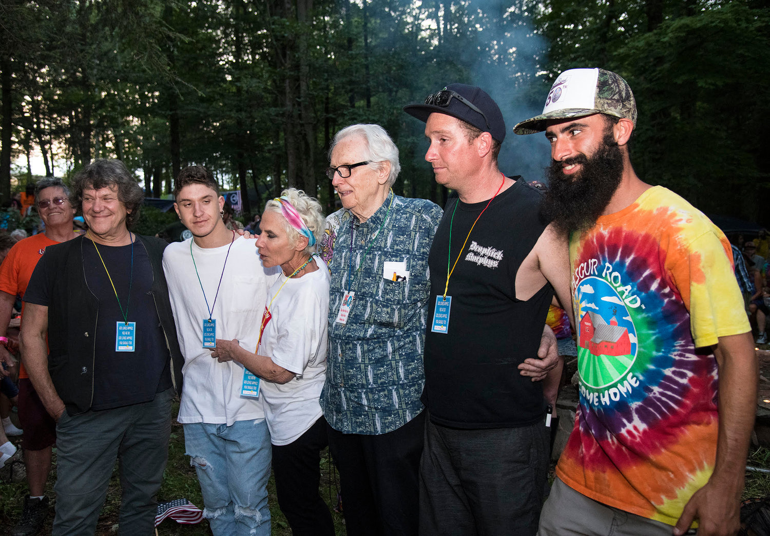 Pictured at the Yasgur Road Reunion Drum Circle are: L-R 1969 Woodstock event producer Michael Lang, his son Laz Lang, Rona Elliot, Lang’s community relations Director for Woodstock, 69, Woodstock sound engineer Bill Hanley, his son, Joe Hanley, and Zach Howard, co-producer (along with his mother, Jeryl Abramson) of the annual reunion and whose family now owns the Yasgur Homestead.