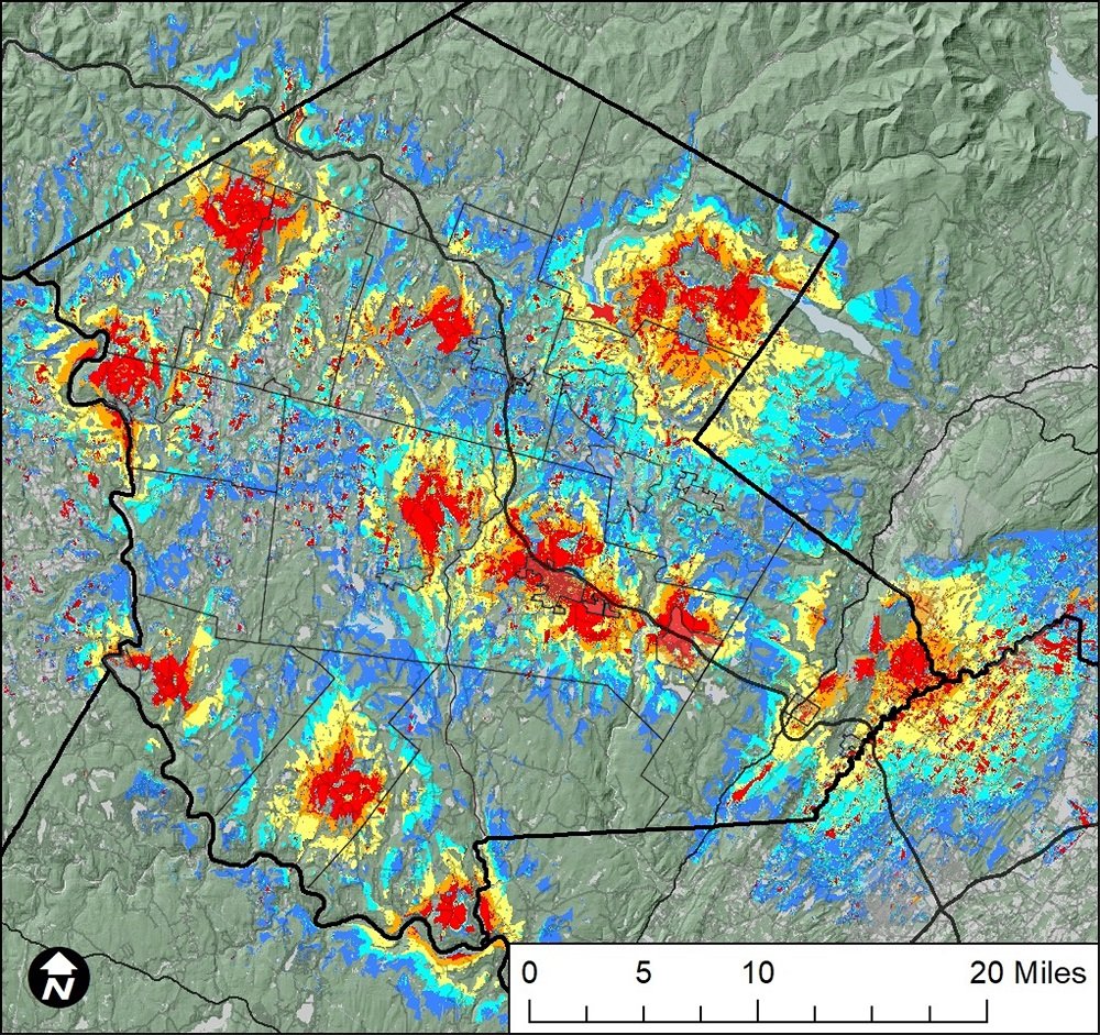 This image from the study shows how much of the county may initially be able to receive wireless internet service, based on tower locations. The red and orange areas indicate the strongest signals, but service can be provided in the yellow and blue areas as well.