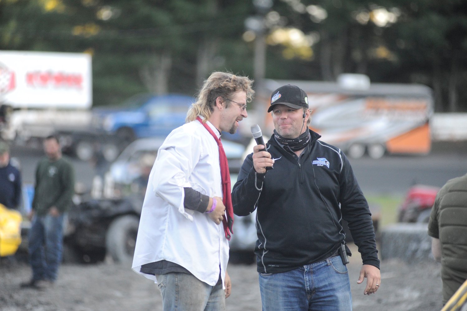 Well, I did it, dude. Jereme Spanburgh of Scranton talks to the spectators during a post-race interview with Andy Crane, the track’s co-announcer, promoter and race car driver.