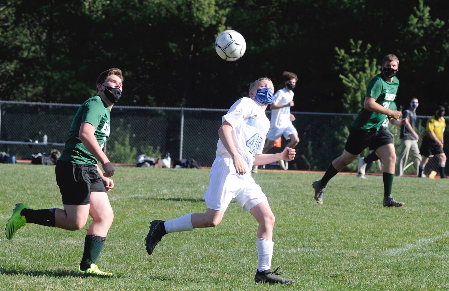 Aeronautics. Eldred’s Ethan Willams and Sullivan West’s Austin Nystrom have their eyes on the ball.