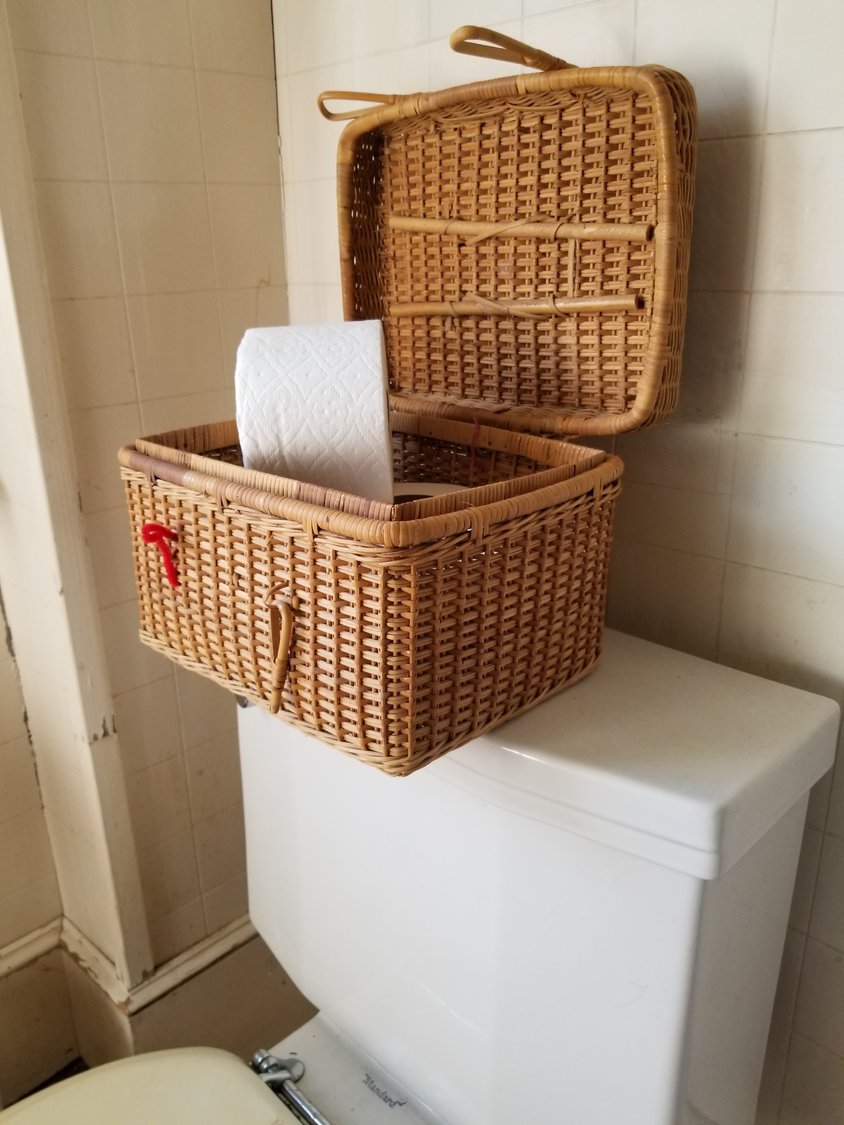 A wicker basket offers discreet storage for your spare toilet rolls. Also keeps all that tempting paper away from your cats.