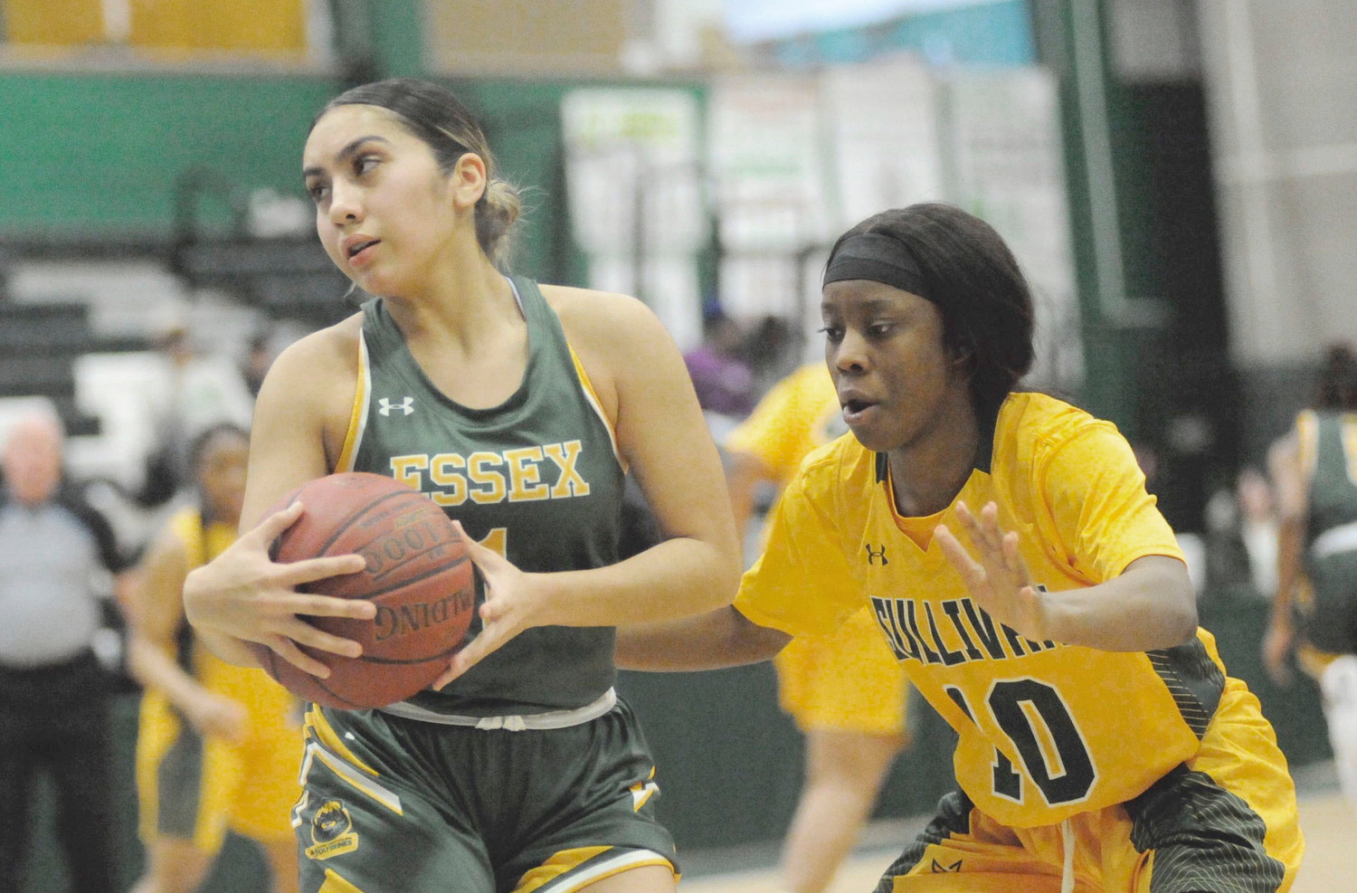 Looking for a steal. Ania Martinez of the Lady Wolverines has possession, while SUNY Sullivan’s freshman guard Aniyah Hector, a graduate of Thomas Jefferson High School in Brooklyn, has her eyes on the ball.