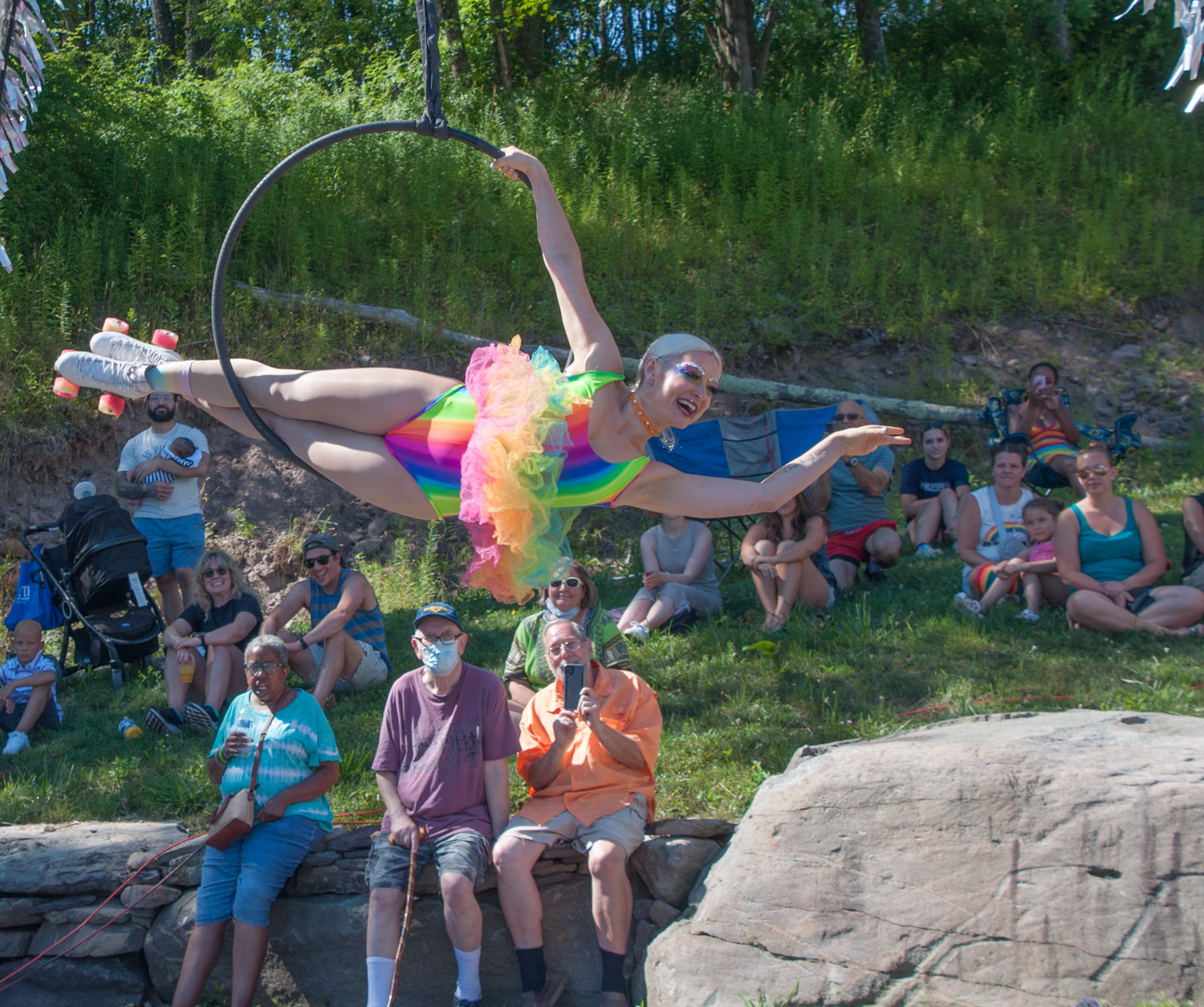 Dharma the Wonder Dog stayed cool in her stroller and enjoyed aerialists from the House of Yes during Hurleyville Pride festivities last weekend. Colorful, no?