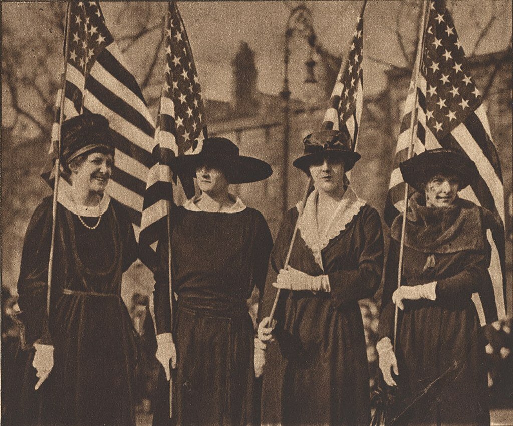 A group of paraders in a woman's suffrage parade in New York City, 1917. Pictured are Cornelia Pinchot, left; Mrs. J. Gordon Douglas; Mrs. Cornelius Tangeman; and Mrs. Katherine McCook Knox.